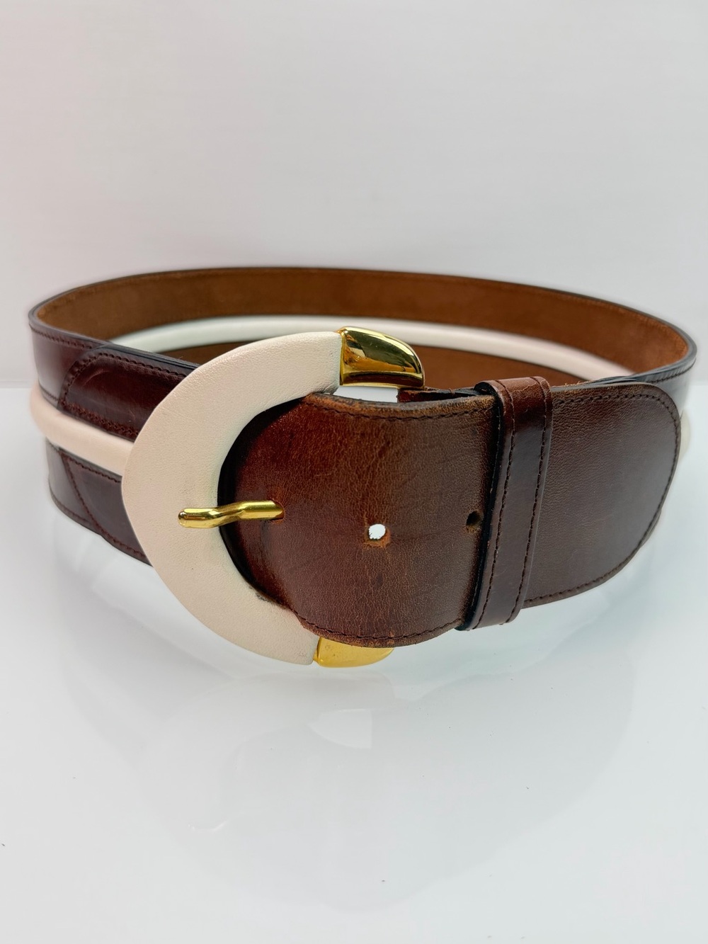 Vintage Made in Italy Brown & Ivory Leather Wide Waist Belt Size 75